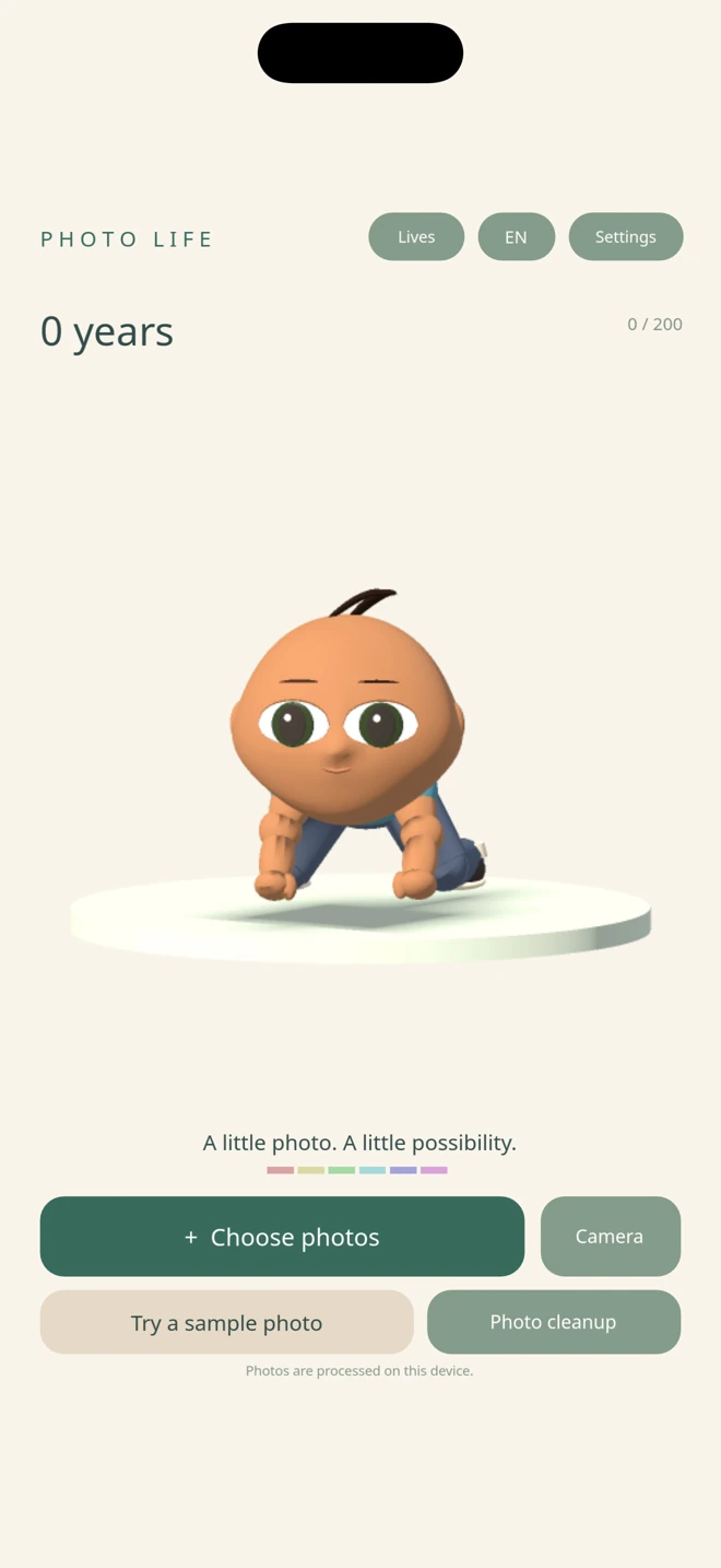 Photo Life development screen: a newborn character and photo feeding controls